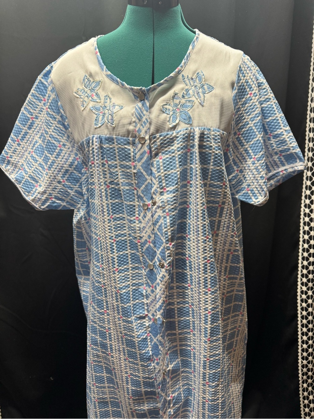 Classic Blue Plaid Button-Front Sleep Dress with Embroidered Yoke